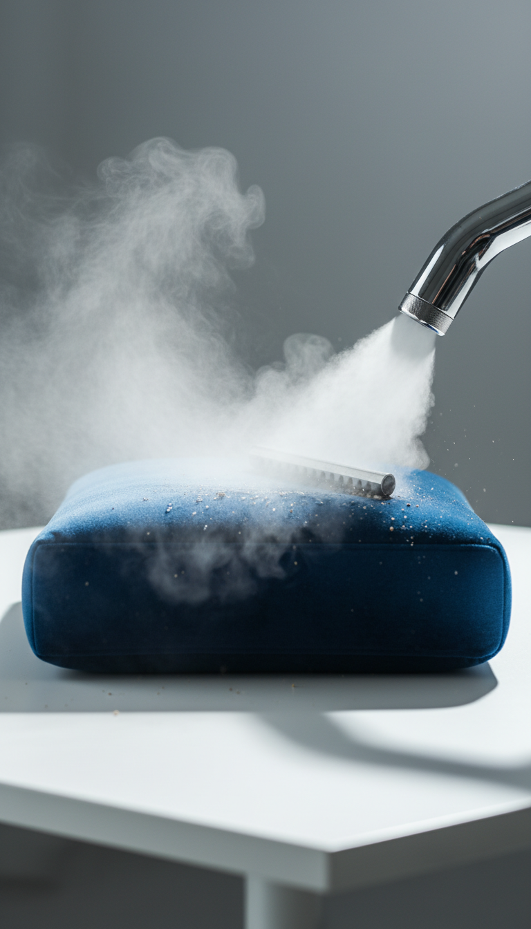 A gleaming chrome steam cleaning nozzle expelling a fine, visible mist over a section of deep blue velvet upholstery, with tiny beads of moisture and removed debris glistening in the light. The setting is a single clean furniture cushion on a white, featureless tabletop, devoid of distraction. Slanting sharp artificial lighting from above right creates distinct shadows under the nozzle and highlights the rich fabric sheen and cleaning process in action. The composition is a dynamic close-up, captured from the side to showcase both the tool and fabric. The atmosphere is bold and high-impact, focused on precision and professionalism, rendered with crisp photographic realism and a clean, minimalist sensibility.
