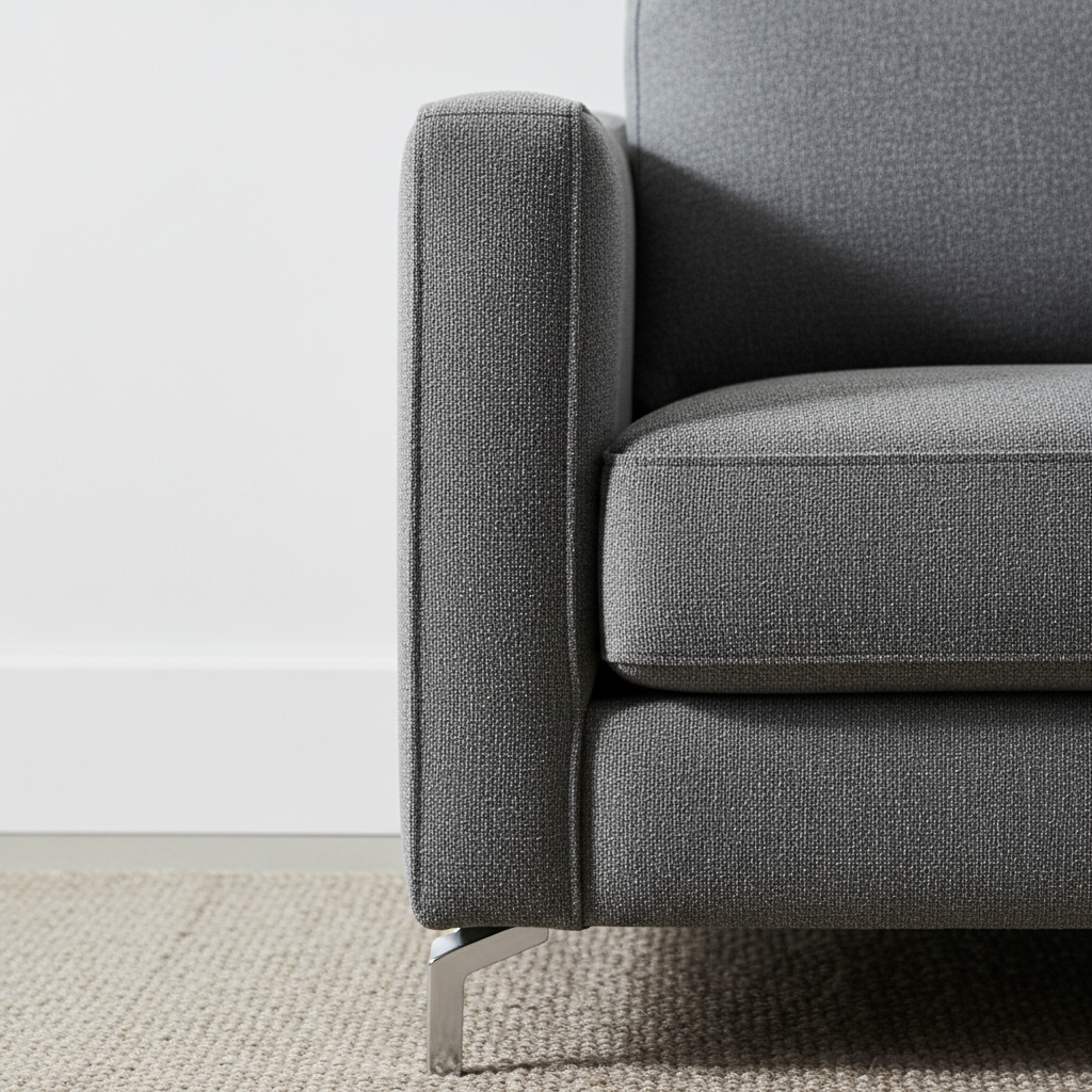 A close-up detail of a spotlessly clean modern sofa armrest, showcasing tightly woven charcoal gray fabric with a smooth, even grain and sharply defined piping. The armrest is positioned against a pure white matte wall, sitting atop a sparse, neutral-toned rug that fades into an uncluttered background. Dramatic side lighting from the right creates crisp, contrasting shadows and highlights every texture, emphasizing the expert cleaning. Captured at an eye-level angle with tight framing for a powerful, focused composition. The mood is confident and pristine, communicating the success of professional upholstery care with a bold, photographic, and minimalist style.